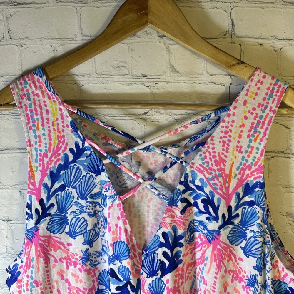 Lilly Pulitzer XL Kristen Swing Dress Blue Tropical Pima Cotton Strappy Back - Picture 7 of 11